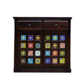 MoonWooden Blue Pottery Pattern Ceramic Tilic Two Drawer & Two Door with Two Shelves in Each Box Sideboard Cabinet in Walnut Finish with Glossy Finished